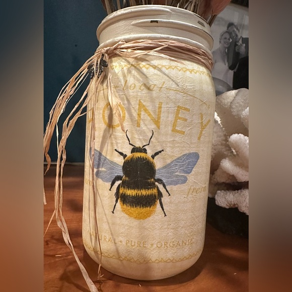 Boho/Natural Bee | Decoupaged Up-Cycled Glass | Baby Shower/Gender Reveal/Decor - Picture 3 of 4